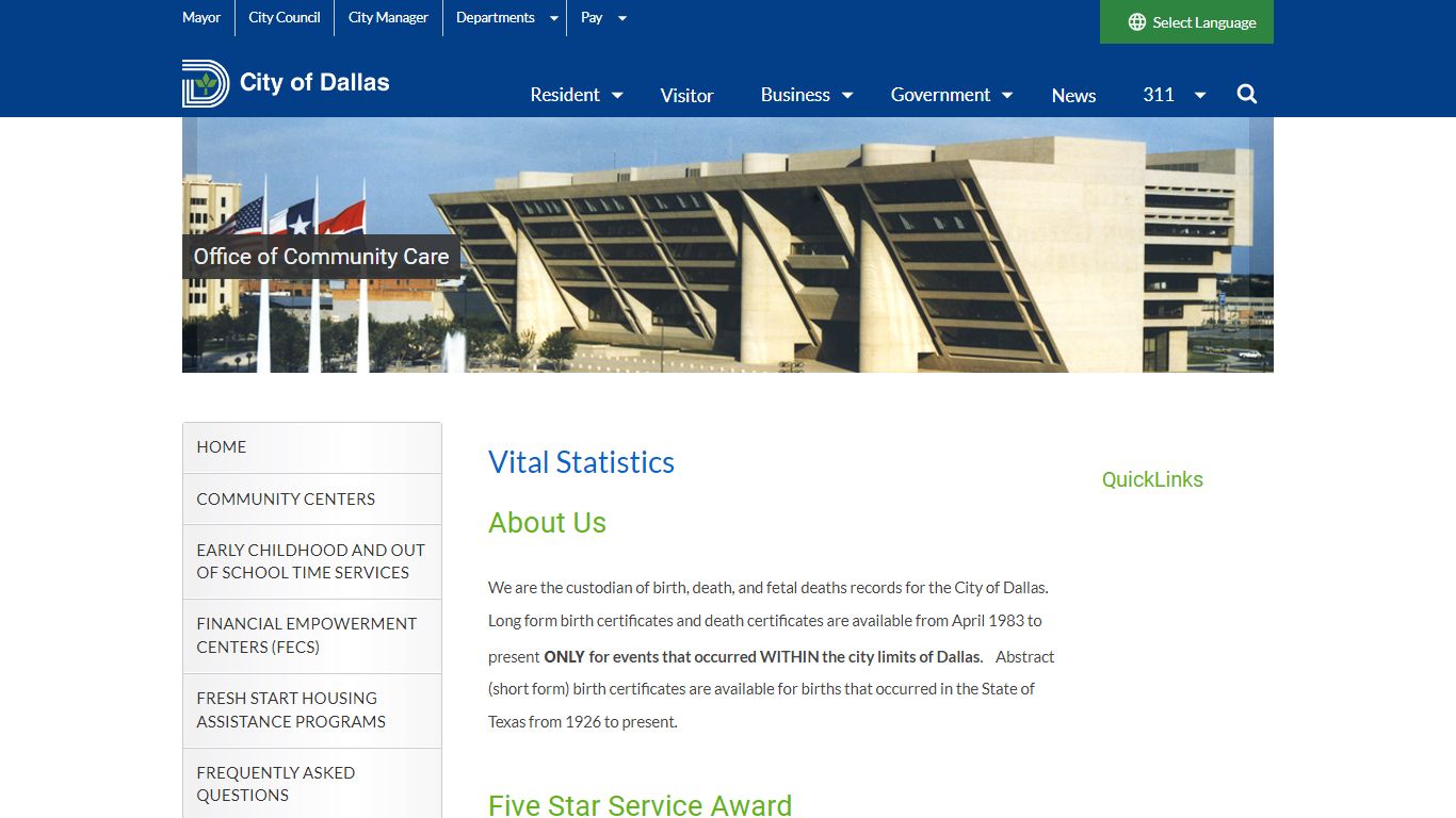 Vital Statistics - Dallas City Hall